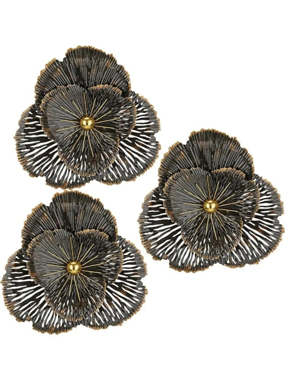 3-Pc Metal Flower Wall Art Set - Rustic 3D Floral Decor for Living Room